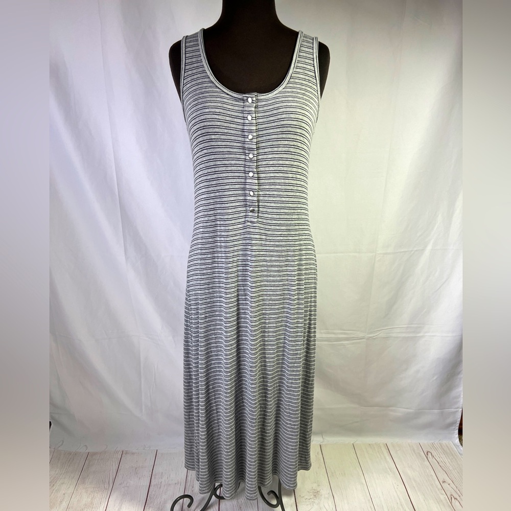 Athleta Gray & White Striped Midi Tank Dress with Front Buttons